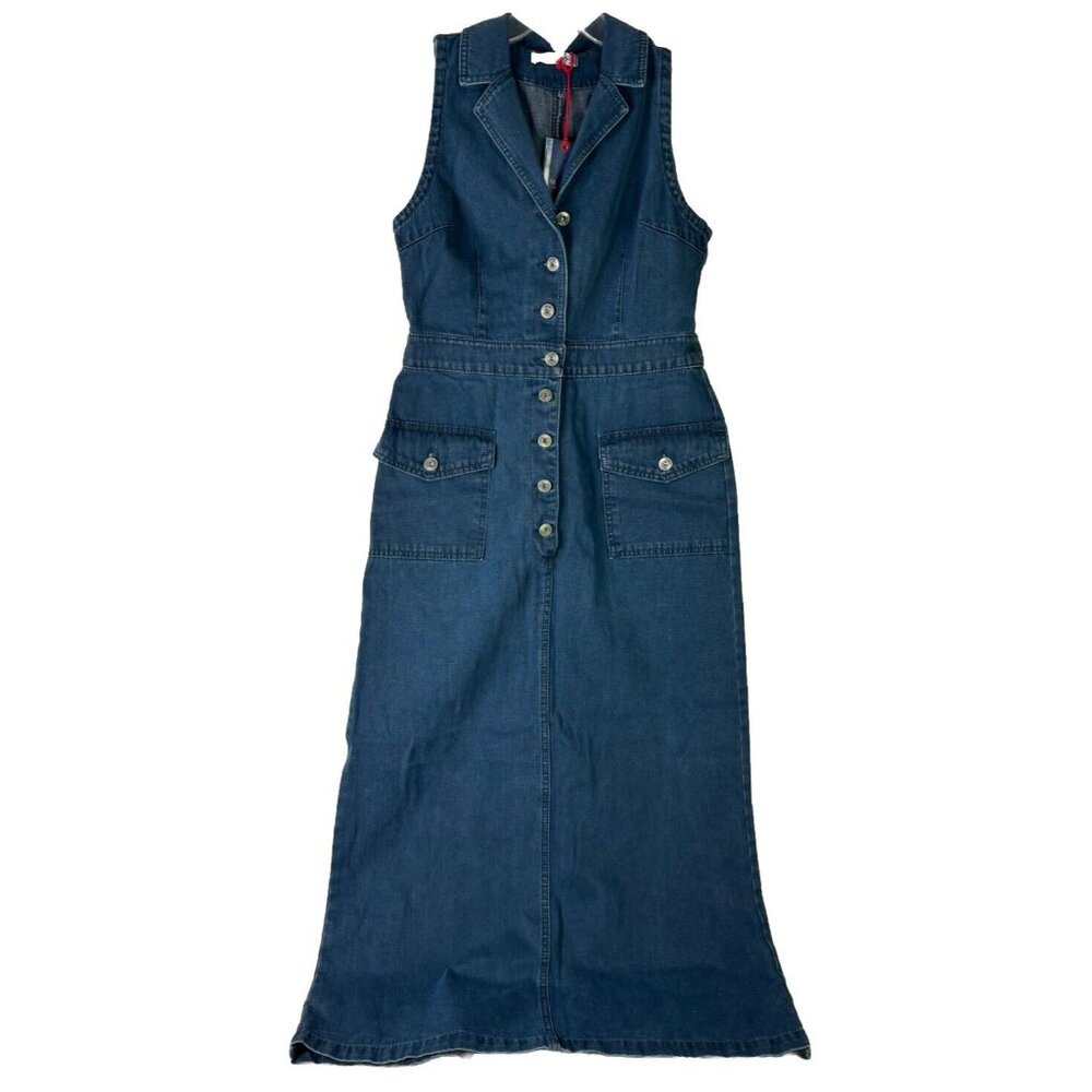 VTG Neways Sz 38 (8) Maxi Button Comfy Dark Denim Dress Sleeveless Collared NWT